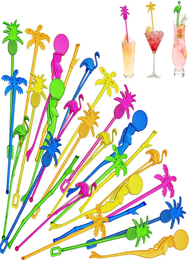 Willinglong 100 Assorted Tropical Swizzle Sticks Bar Cocktail Stirrers Luau Palm Tree Flamingo Fun Reusable Novelty Beverage Cocktail Margarita Tiki Drink Stirring Sticks for Birthday Wedding Party - Image 1